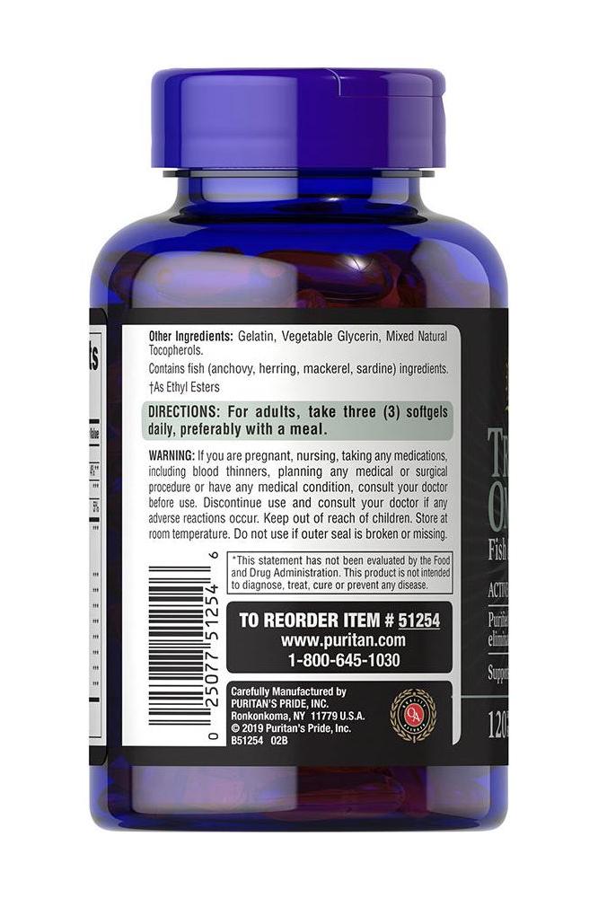 Puritan's Pride Triple Omega 3-6-9 Fish & Flax Oils softgel supplement bottle, 120 count, with supplement facts.