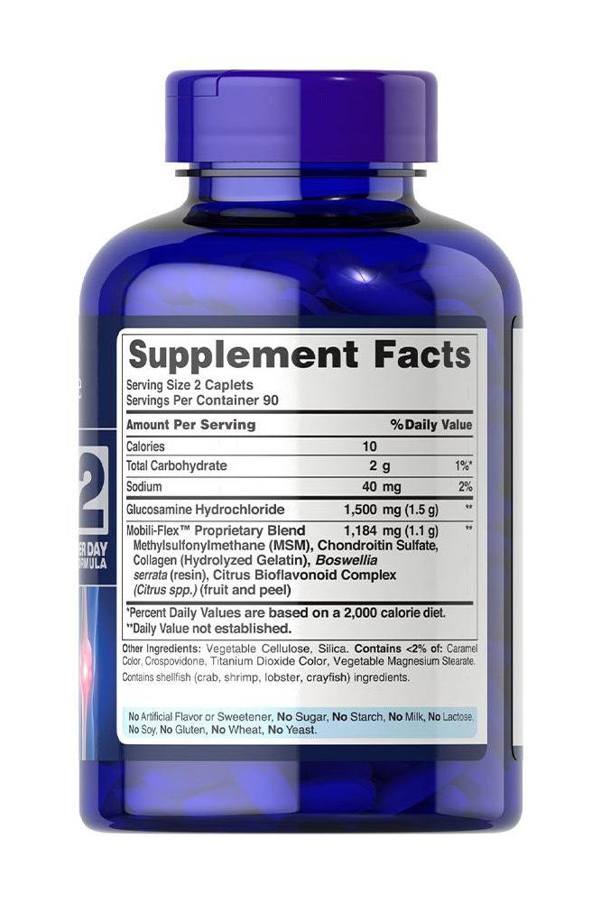 Puritan's Pride Triple Strength Glucosamine, Chondroitin & MSM supplement facts bottle, supporting joint health.