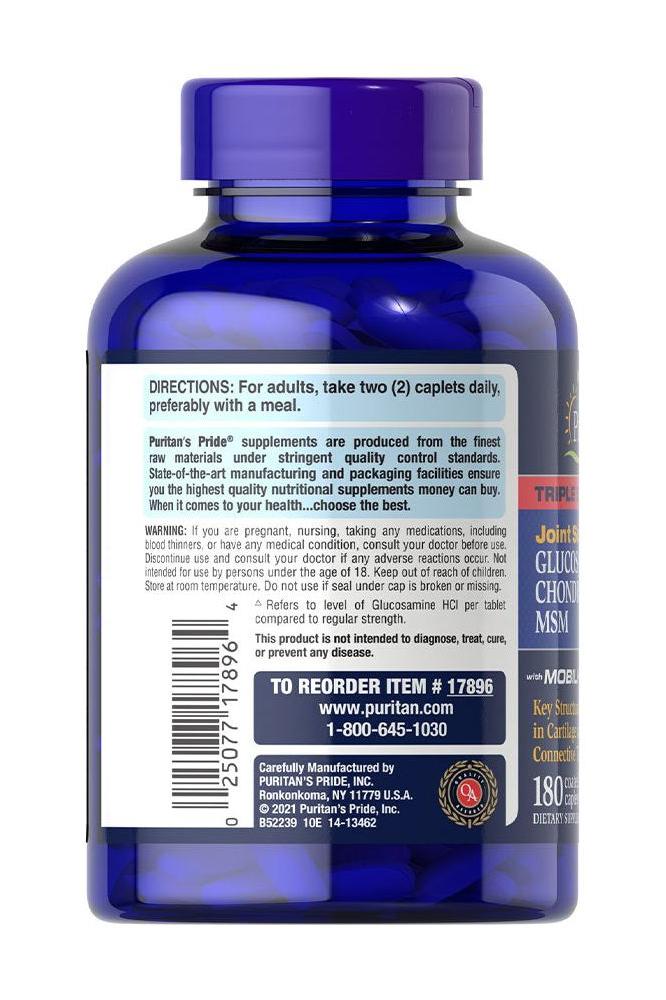Puritan's Pride Triple Strength Glucosamine, Chondroitin & MSM Joint Soother® supplement bottle directions.