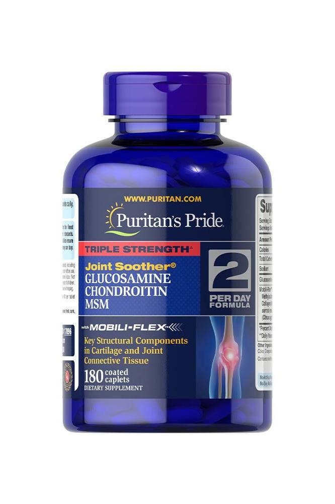 Puritan's Pride Triple Strength Glucosamine, Chondroitin & MSM Joint Soother® supplement bottle for joint health.