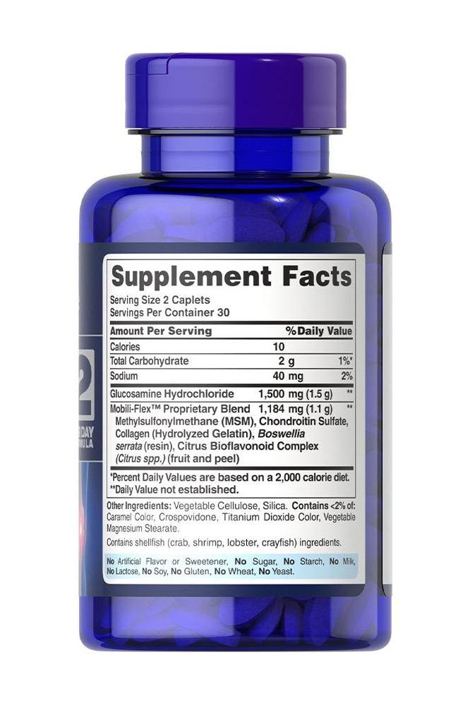 Puritan's Pride Triple Strength Glucosamine Chondroitin MSM supplement facts label on a blue bottle.