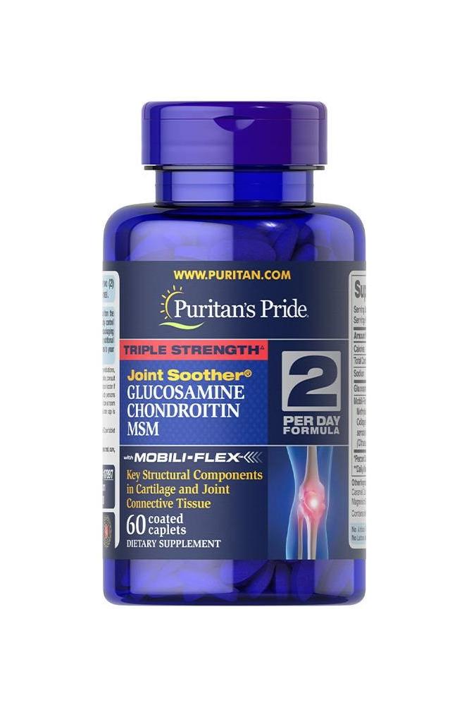 Puritan's Pride Triple Strength Joint Soother supplement bottle with glucosamine, chondroitin, and MSM, 60 coated caplets.