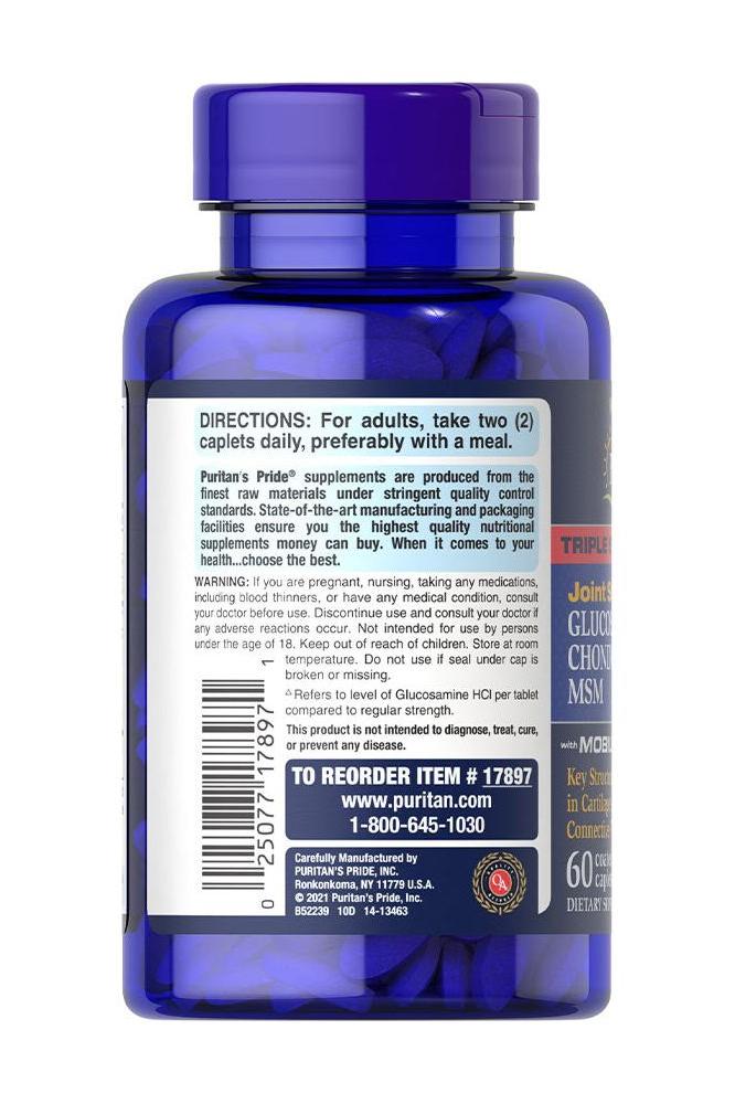 Puritan's Pride Triple Strength Glucosamine, Chondroitin & MSM Joint Soother bottle with dietary supplement information.