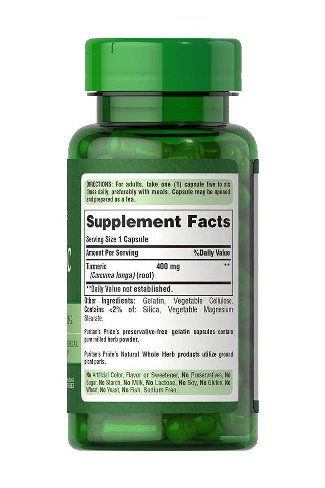 Puritan's Pride Turmeric 400 mg supplement bottle with label showing serving size and ingredients.