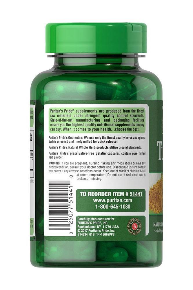 Puritan's Pride Turmeric 800 mg supplement bottle, 100 capsules, featuring antioxidant support and joint health benefits.
