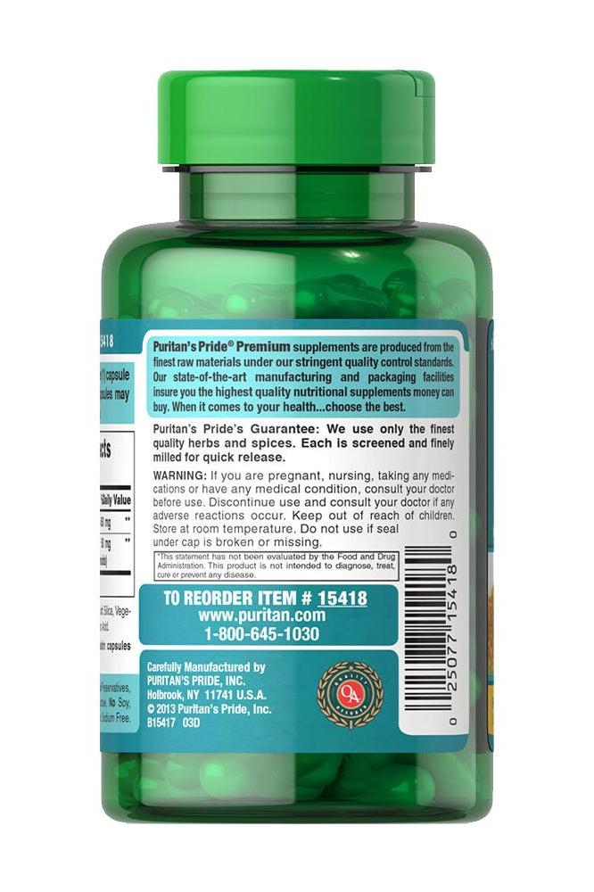 Back view of Puritan's Pride Turmeric Curcumin 500 mg capsule bottle, detailing usage and quality assurance.