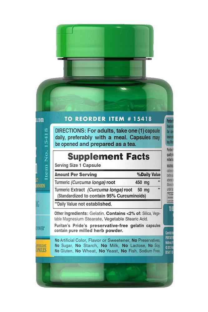 Puritan's Pride Turmeric Curcumin 500 mg supplement facts and dosage information on green bottle.