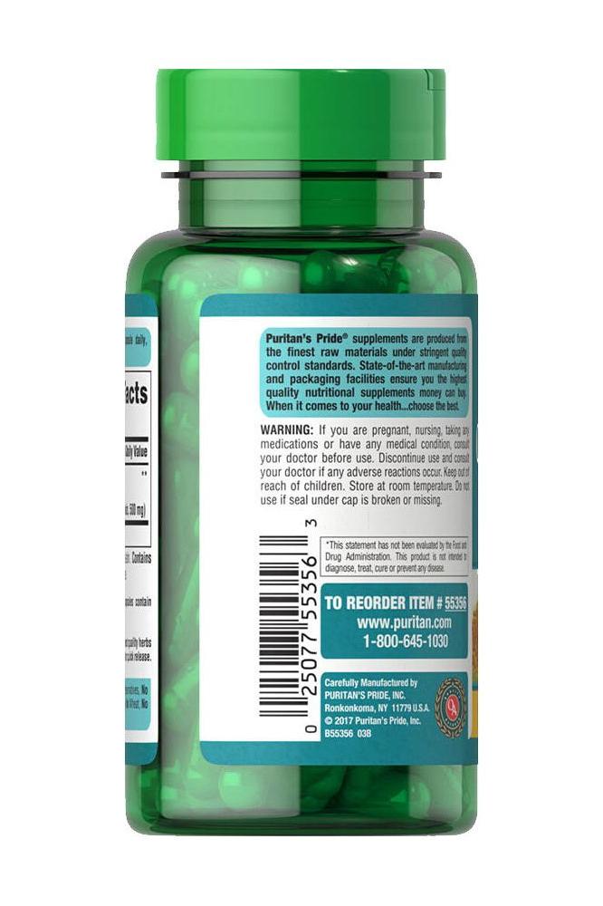 Puritan's Pride Turmeric Curcumin extract capsule bottle with green cap and supplement details.