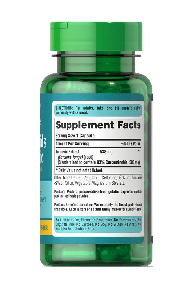 Puritan's Pride Turmeric Curcumin standardized extract bottle with supplement facts label