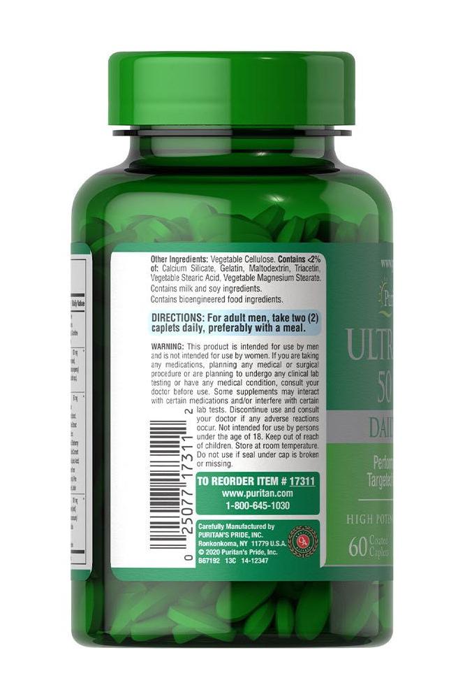 Puritan's Pride Ultra Man 50 Plus multivitamin bottle with green cap, containing 60 capsules for men's health.