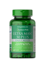 Puritan's Pride Ultra Man 50 Plus multivitamin bottle for men over 50, containing essential vitamins and minerals.