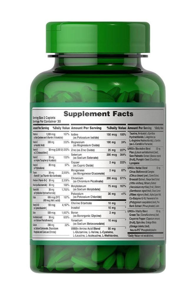 Puritan's Pride Ultra Man 50 Plus supplement facts label on green bottle, showcasing essential vitamins and minerals for men's health.