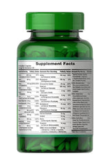 Puritan's Pride Ultra Man 50 Plus supplement facts label on green bottle, showcasing essential vitamins and minerals for men's health.