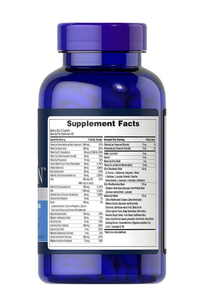 Puritan's Pride Ultra Vita Man Time Release supplement facts on blue bottle, highlighting vitamins and minerals for men.