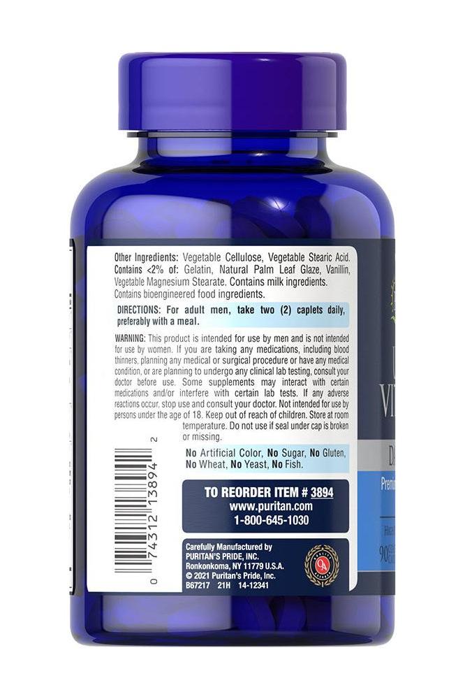 Back view of Puritan's Pride Ultra Vita Man Time Release vitamin bottle, showcasing ingredients and usage instructions.