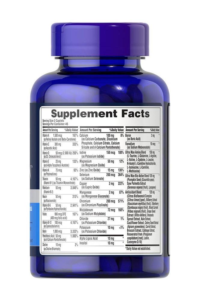 Puritan's Pride Ultra Vita Man Time Release supplement facts label detailing vitamins and minerals for men's health.