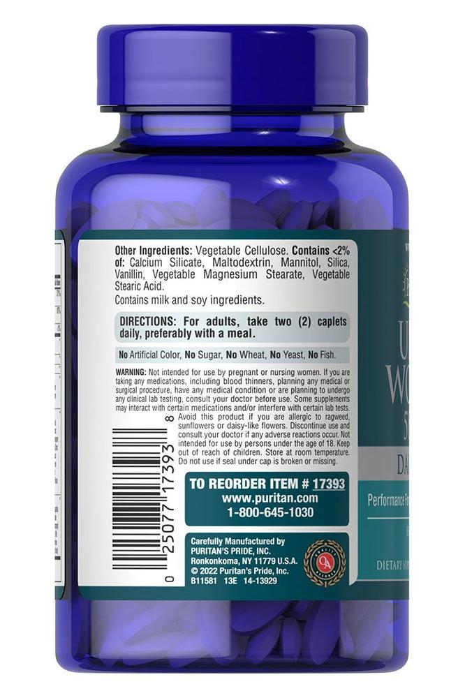 Puritan's Pride Ultra Woman 50 Plus Multi-Vitamin bottle with details on ingredients and usage instructions.