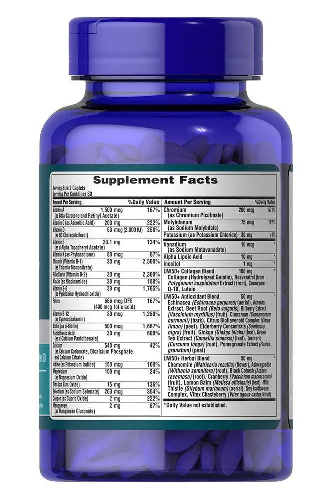 Puritan's Pride Ultra Woman 50 Plus Multi-Vitamin supplement facts label on blue bottle.