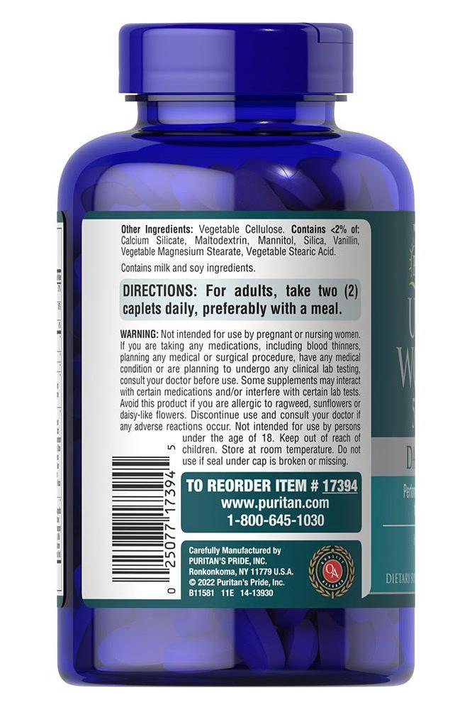 Puritan's Pride Ultra Woman 50 Plus Multi-Vitamin bottle back label showing ingredients and directions.
