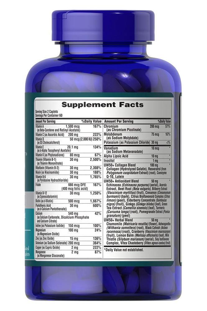 Puritan's Pride Ultra Woman 50 Plus Multi-Vitamin supplement facts label showing ingredients and nutritional information