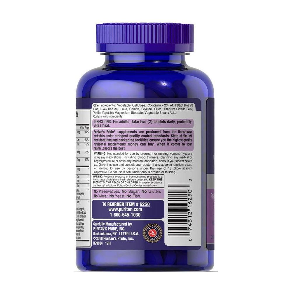 Back view of Puritan's Pride Ultra Woman Daily Multi with supplement facts and usage instructions.