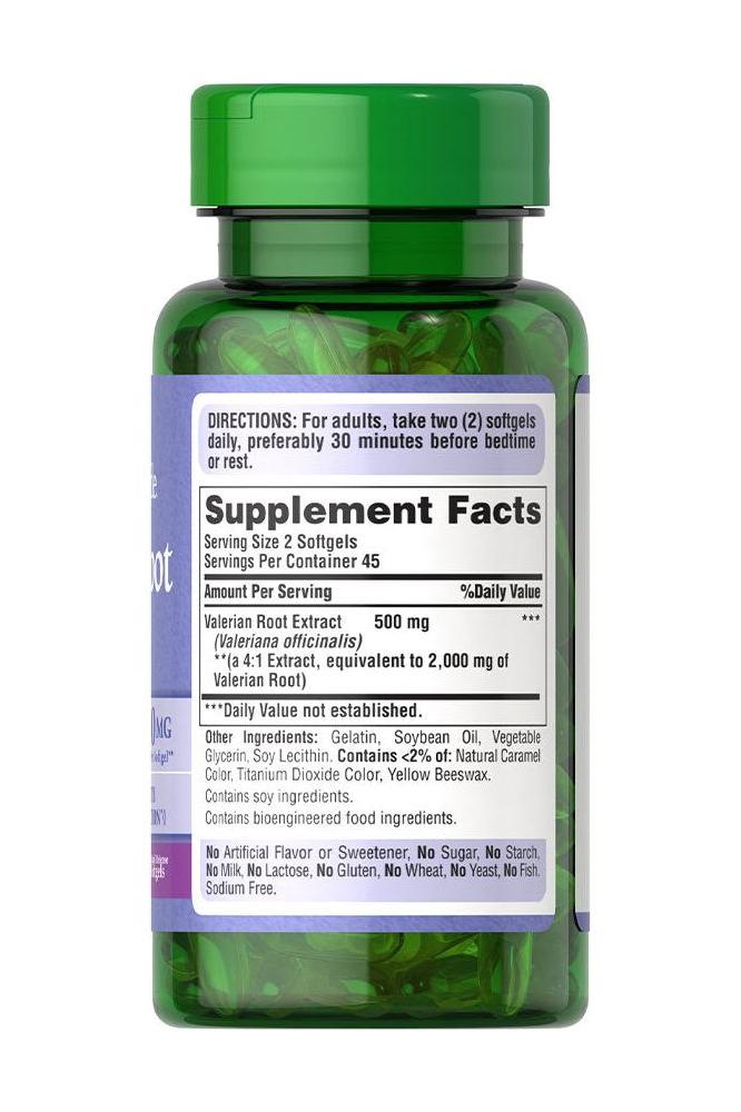 Puritan's Pride Valerian Root 1000 mg softgels bottle with supplement facts for relaxation and better sleep.