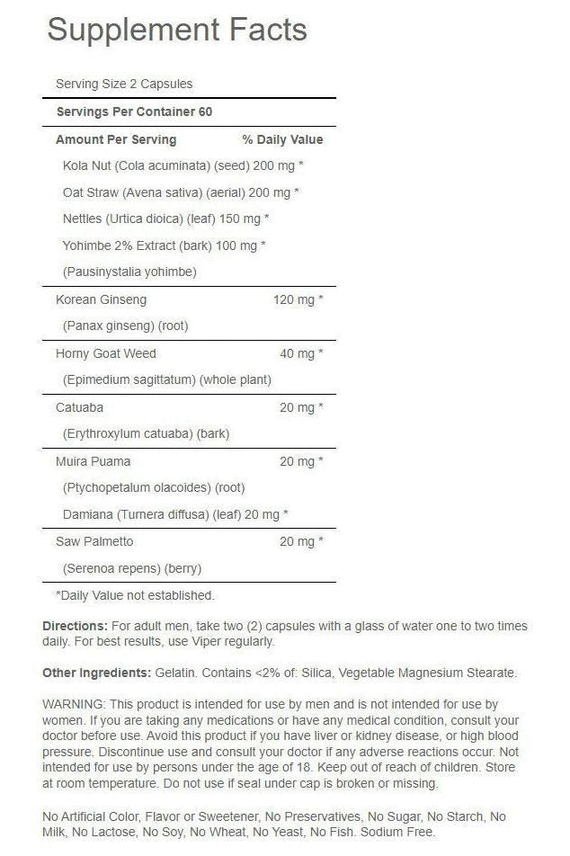 Supplement facts for Puritan's Pride Viper capsules, highlighting natural ingredients and dosages in each serving.