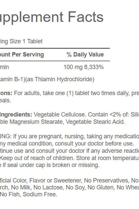 Supplement Facts for Puritan's Pride Vitamin B-1 100mg tablets, including ingredients and daily values.