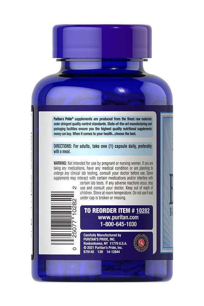 Puritan's Pride Vitamin B-100 Complex bottle showing directions and warnings for use.