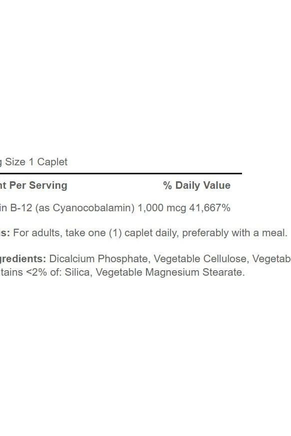 Supplement facts for Puritan's Pride Vitamin B-12 1000 mcg Timed Release caplets, showing ingredients and serving size.