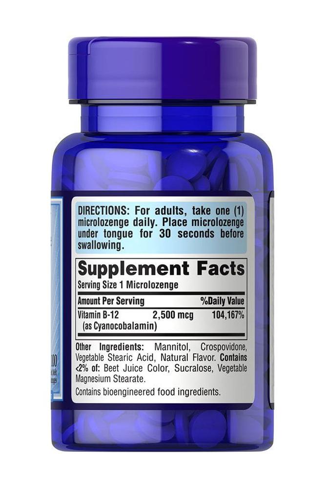 Puritan's Pride Vitamin B-12 2500 mcg sublingual lozenges in blue bottle with supplement facts label.