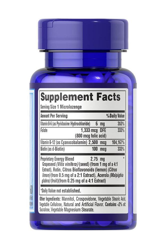 Puritan's Pride Vitamin B-12 2500 Microlozenges supplement facts label on blue bottle.