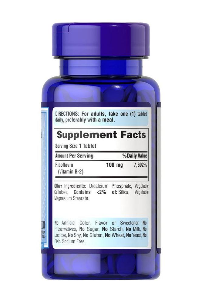 Puritan's Pride Vitamin B-2 100mg supplement bottle with detailed nutrition facts and directions.