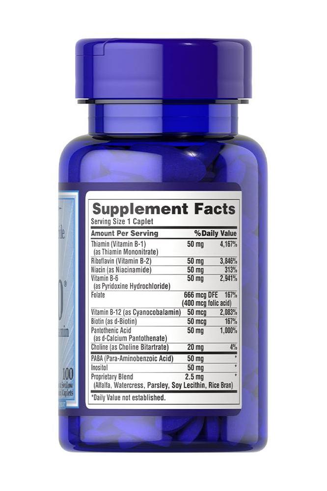 Puritan's Pride Vitamin B-50 Complex, 100 caplet bottle showing supplement facts and ingredients.