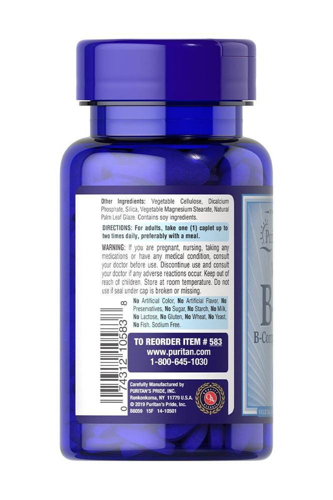 Back view of Puritan's Pride Vitamin B-50 Complex bottle showing supplement details and ingredient list.