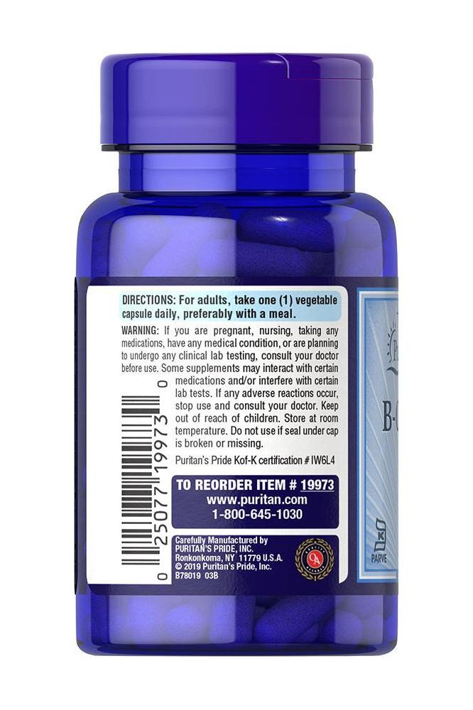 Puritan's Pride Vitamin B-50 Complex 50 mg veg capsules bottle with directions and caution labels.