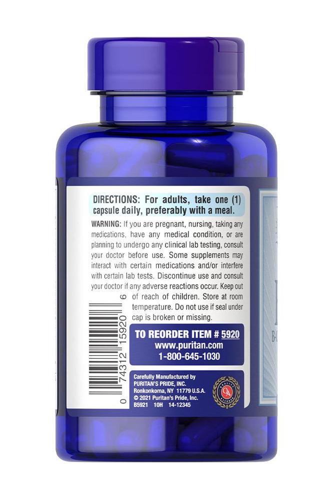 Back label of Puritan's Pride Vitamin B-50 Complex bottle, showing directions and warning information.