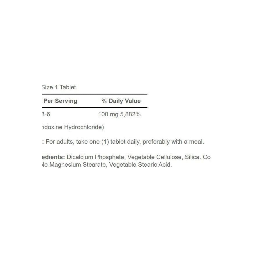 Nutritional information and supplement facts for Puritan's Pride Vitamin B-6 100 mg tablets.