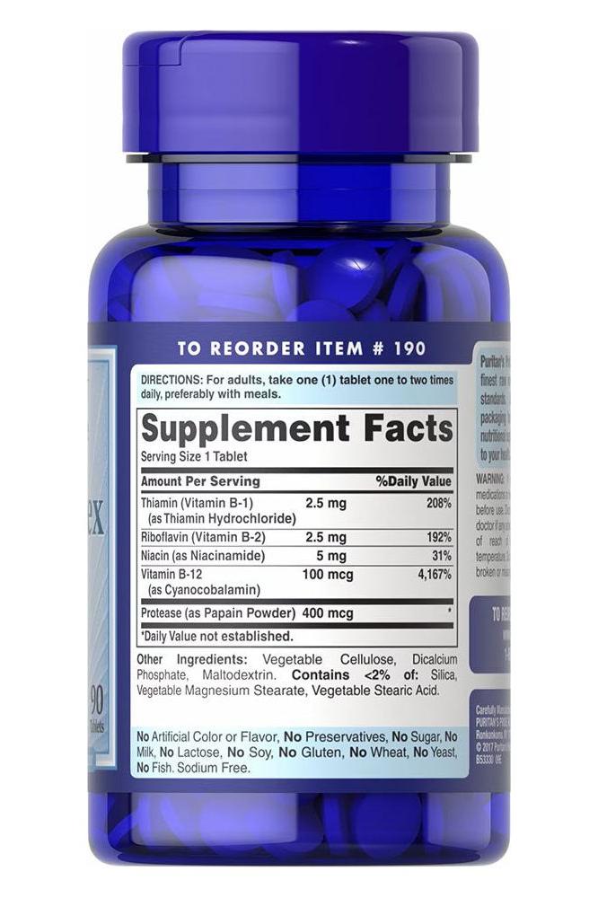 Puritan's Pride Vitamin B-Complex and B-12 supplement facts label on blue bottle, supports nerve health and energy metabolism.