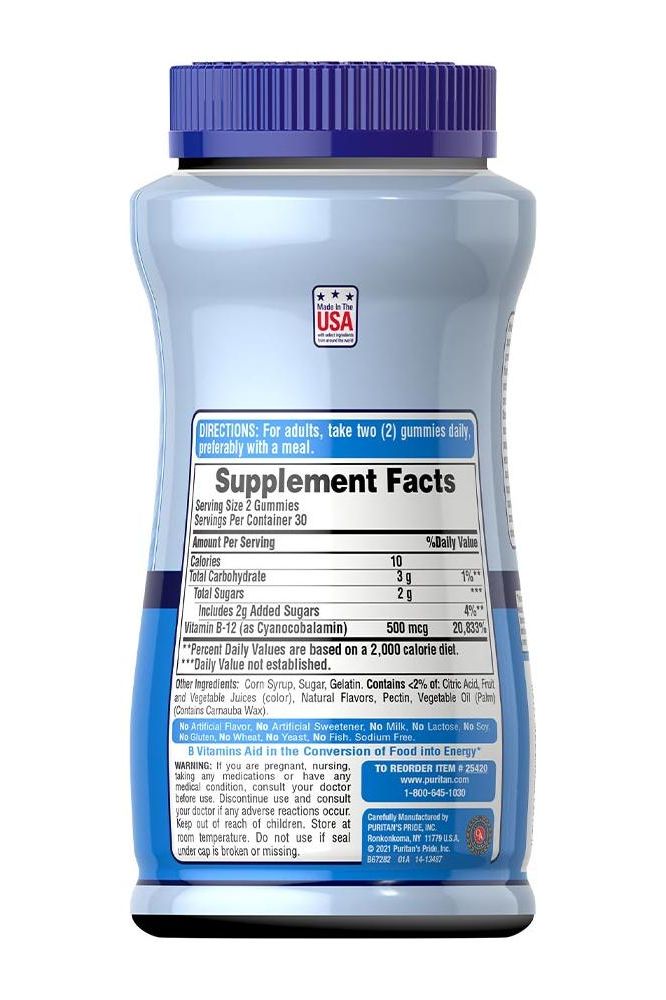 Supplement facts label of Puritan's Pride Vitamin B12 Gummies 500 mcg in raspberry, mixed berry, and orange flavors.
