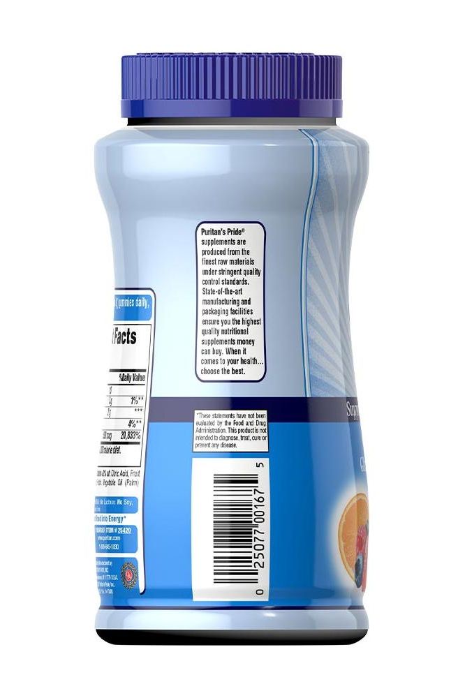 Puritan's Pride Vitamin B12 Gummies bottle, side view showcasing nutritional facts and directions for use.