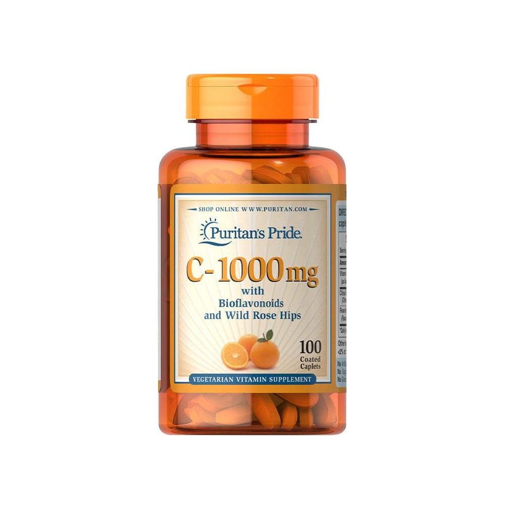Puritan's Pride Vitamin C 1000 mg bottle with Bioflavonoids and Wild Rose Hips, vegetarian supplement, 100 coated capsules