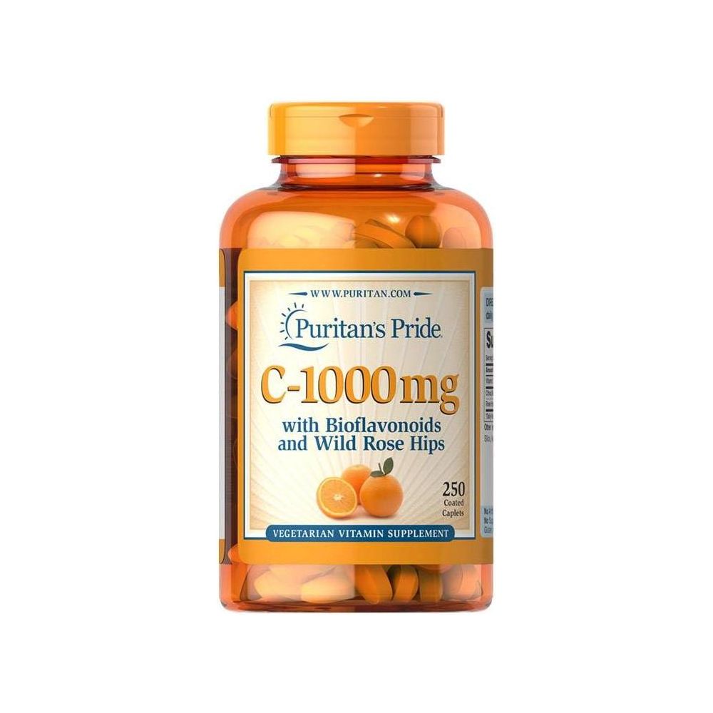 Puritan's Pride Vitamin C-1000 mg bottle with Bioflavonoids and Wild Rose Hips, 250 vegetarian capsules.