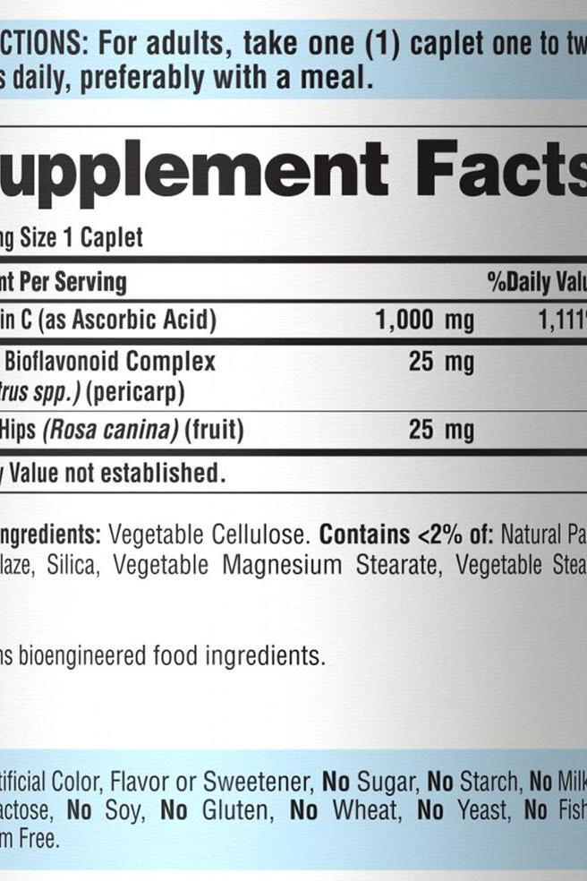 Supplement facts for Puritan's Pride Vitamin C-1000 mg with Rose Hips, showing dosage and ingredients.