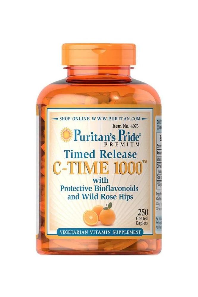 Puritan's Pride Vitamin C-1000 mg with Rose Hips Timed Release, 250 vegetarian caplets, supports antioxidant protection.