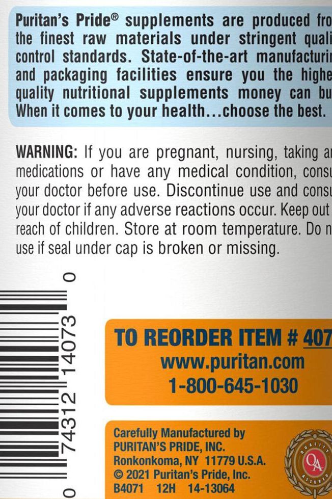 Puritan's Pride supplement warning label, ingredients, and reorder information for Vitamin C-1000 mg with Rose Hips.