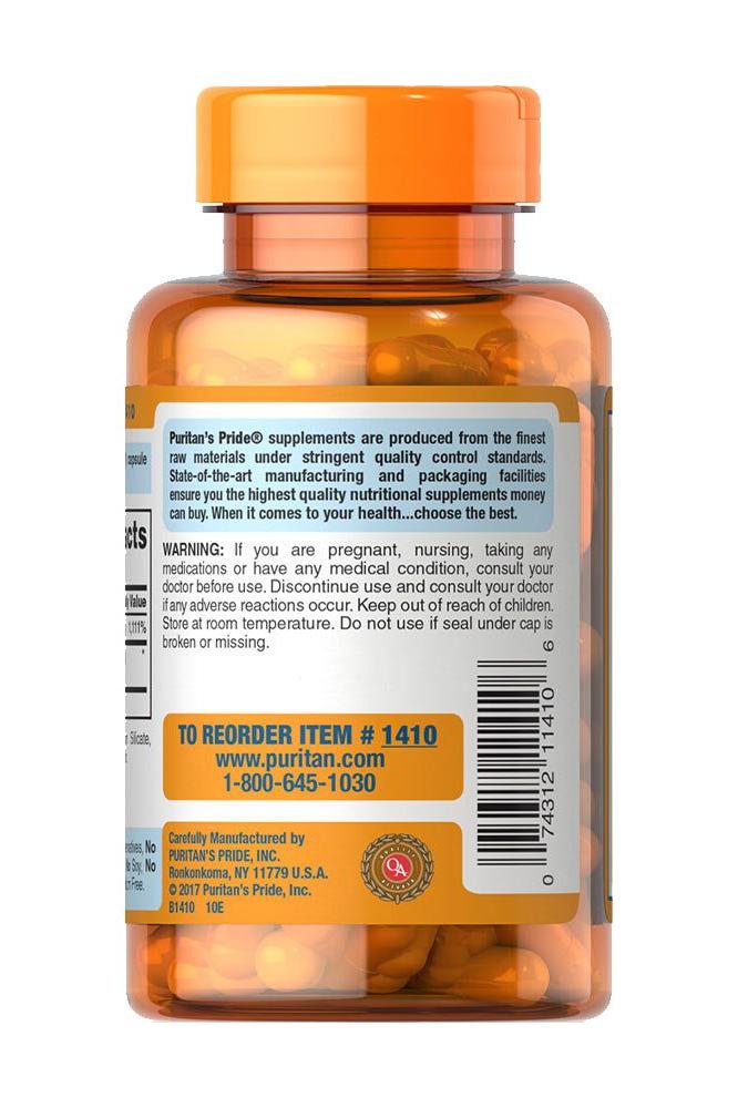 Puritan's Pride Vitamin C-1000 with bioflavonoids supplement bottle, 100 capsules, back label showing details.