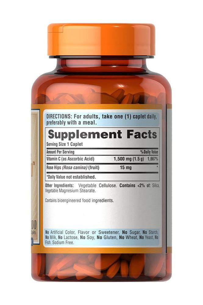 Puritan's Pride Vitamin C 1500 mg with Rose Hips supplement bottle showing nutrition facts and ingredients.