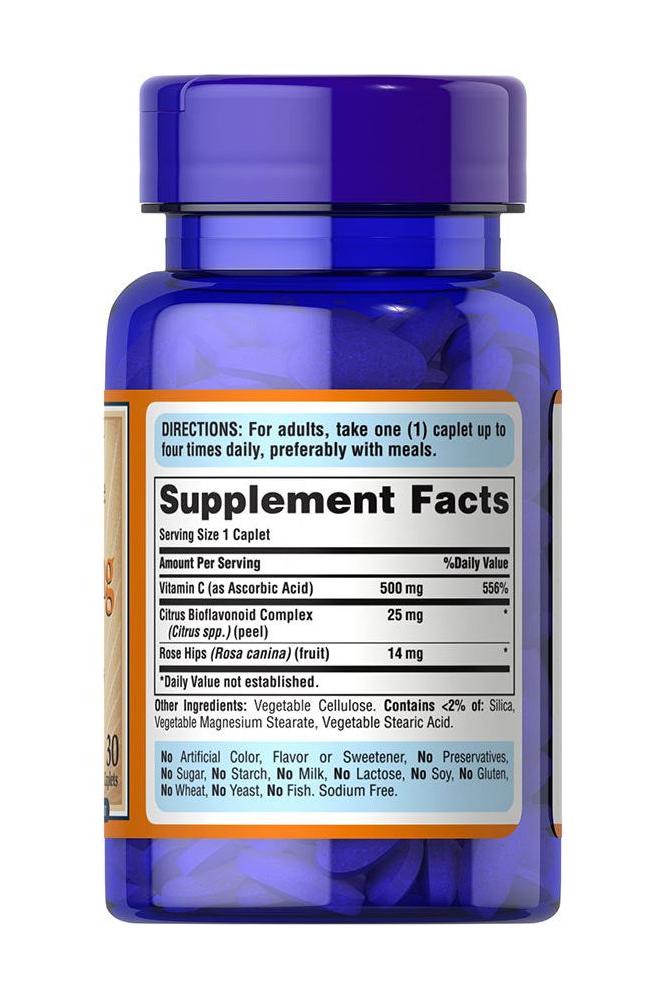 Puritan's Pride Vitamin C-500 mg with Bioflavonoids and Rose Hips trial size bottle and supplement facts label.