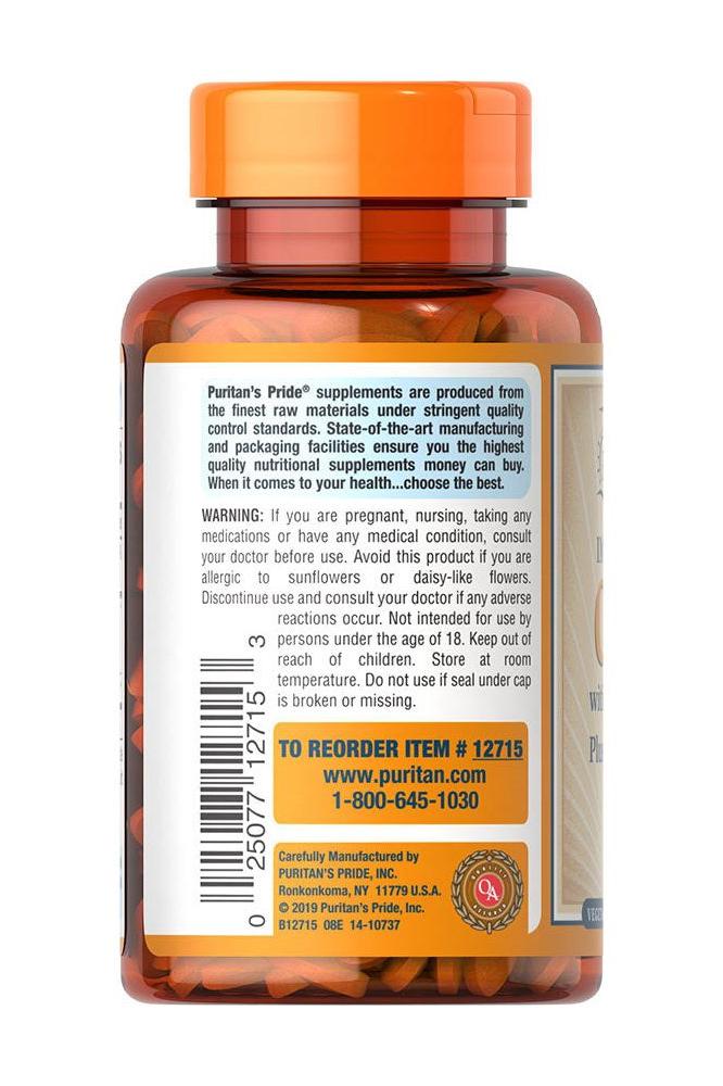 Back view of Puritan's Pride Vitamin C-500 with Rose Hips & Echinacea bottle, highlighting ingredients and warnings.